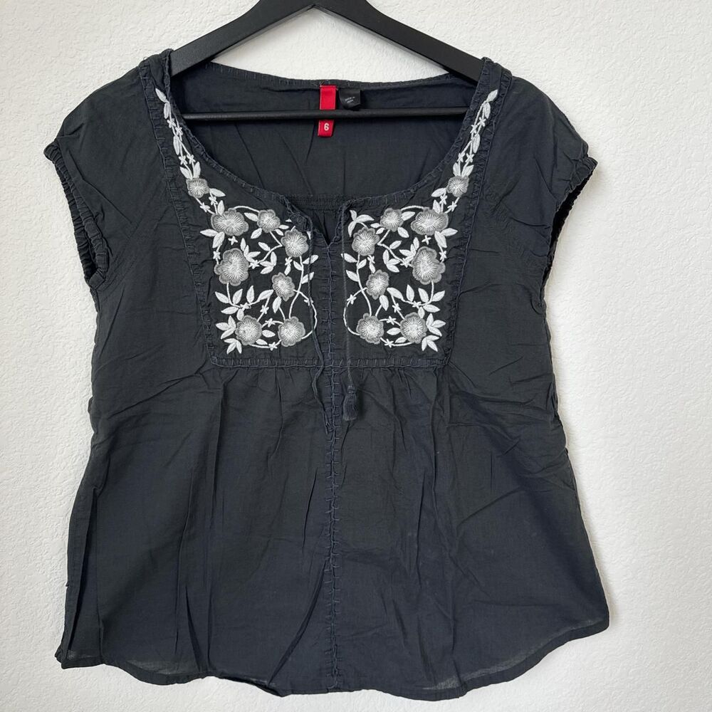 H&M Black Embroidered Boho Peasant Blouse Floral Yoke Tassel Tie size 6